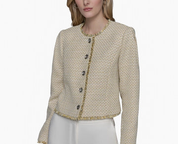 KARL LAGERFELD PARIS Women's Tweed Collarless Jacket Yellow Size 8 MSRP $189