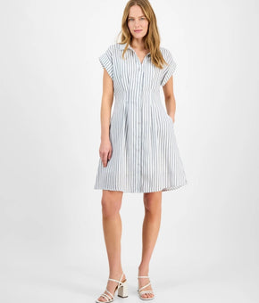 julia jordan Women Linen Striped Cap-Sleeve Button-Front Dress Ivory Size L $129