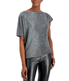 ALFANI Womens Silver Glitter Metallic Accents Short Sleeve Boat Neck Top Size XL