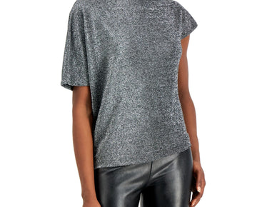 ALFANI Womens Silver Glitter Metallic Accents Short Sleeve Boat Neck Top Size XL