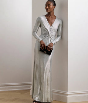Lauren Ralph Lauren Women Metallic Knit Twist-Front Gown Silver Size 16 MSRP$295
