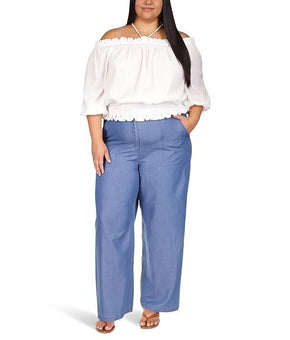 Michael Kors Women Plus Size 1X Wide-Leg Chambray Pants Blue MSRP $125