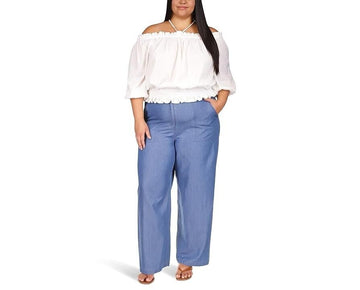 Michael Kors Women Plus Size 1X Wide-Leg Chambray Pants Blue MSRP $125