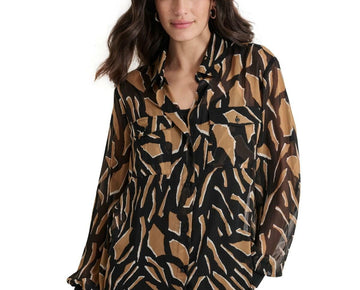 DKNY Womens Printed Button Brown Long Sleeve Shirt Abstract Geo Size XL MSRP $89