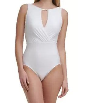 CALVIN KLEIN Women's White Tummy Control Keyhole High Neck One Piece Swimsuit 4