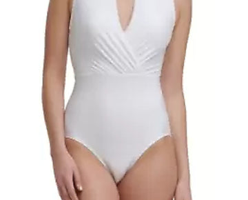 CALVIN KLEIN Women's White Tummy Control Keyhole High Neck One Piece Swimsuit 4