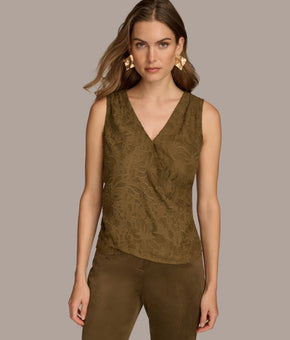 Donna Karan New York Metallic Faux-Wrap Sleeveless Blouse Size XL Green MSRP $79