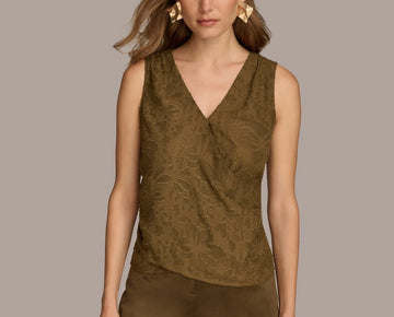 Donna Karan New York Metallic Faux-Wrap Sleeveless Blouse Size XL Green MSRP $79