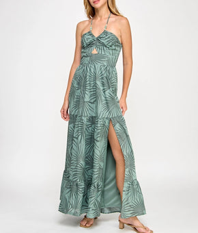Trixxi Juniors' Cotton Tiered Halter Maxi Dress Olive Green Size S MSRP $79