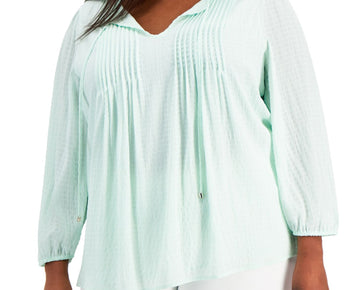 TOMMY HILFIGER Womens Green Tie Pintucked Front Lined Top Plus Size 0X