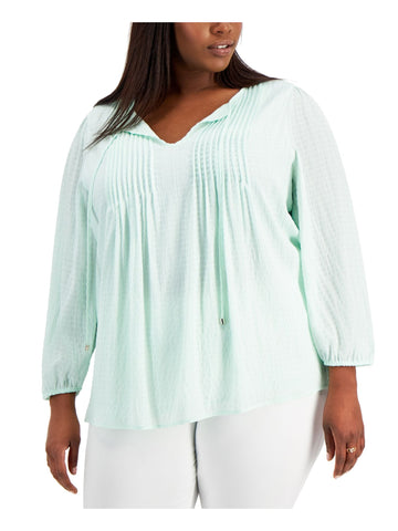 TOMMY HILFIGER Womens Green Tie Pintucked Front Lined Top Plus Size 0X