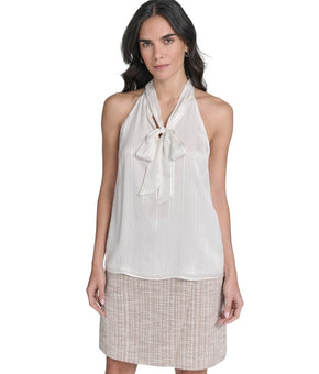 Calvin Klein Women's Tie-Neck Sleeveless viscose Blouse White Size L MSRP $69