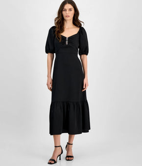 Anne Klein Women's Rhinestone Puff-Sleeve Midi Dress Black Size 12 MSRP $139