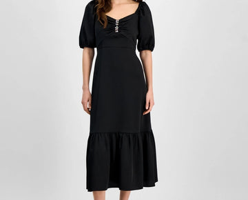 Anne Klein Women's Rhinestone Puff-Sleeve Midi Dress Black Size 12 MSRP $139