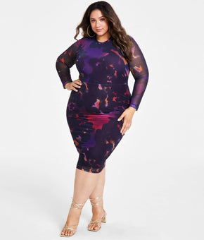 Nina Parker Plus Size 3X Scoop-Neck Long-Sleeve Mesh Dress Purple Black $99