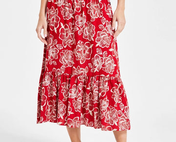 Nautica Jeans Women's Floral Smocked-Waist Midi Skirt Red Size M MSRP $100