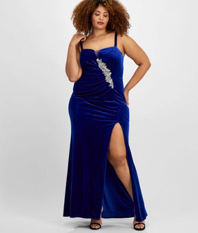 City Studios Trendy Plus Size 22W Velvet Embellished Ruched Gown Blue MSRP $129