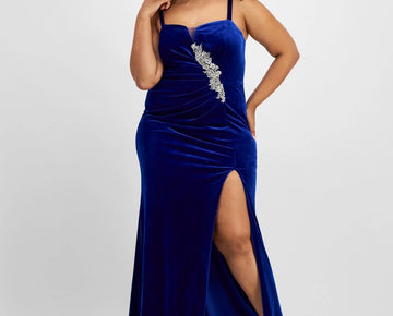 City Studios Trendy Plus Size 22W Velvet Embellished Ruched Gown Blue MSRP $129