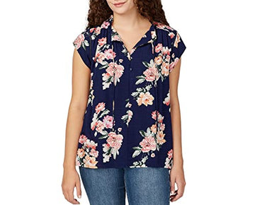 Buffalo Women's Top Size M Split V-Neck Flutter Sleeve Floral Blouse Blue Medium