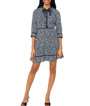 CeCe Women's Tie-Neck Piping-Trim Mini Dress Blue Size L MSRP $129