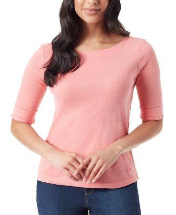 Gloria Vanderbilt Women's Alanis Boat Neck Elbow-Sleeve T-Shirt Pink Size XL