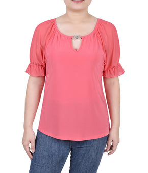 NY Collection Women's Petite Short Ruffle Sleeve Top Rhinestones Pink Size PS