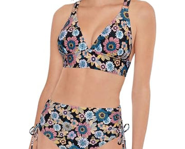 Salt + Cove Women's Juniors Lace-Side Bikini Bottoms Black Floral Multi, Size M