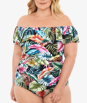Swim Solutions Ruffled Off-The-Shoulder Tummy-Control One-Piece Size 20W $119