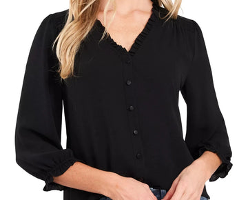 CeCe Women's Ruffled Button-Front 3/4-Sleeve Blouse Black Size S MSRP $69