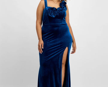 City Studios Trendy Plus Size 18W Velvet Floral-Trim Gown Blue MSRP $129