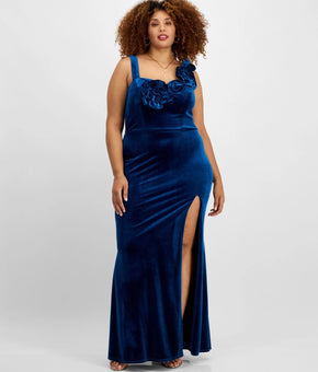 City Studios Trendy Plus Size 20W Velvet Floral-Trim Gown Blue MSRP $129