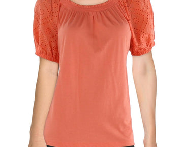 Jones New York Womens Petites Emrbroidered Smocked Pullover Top Size PM Orange
