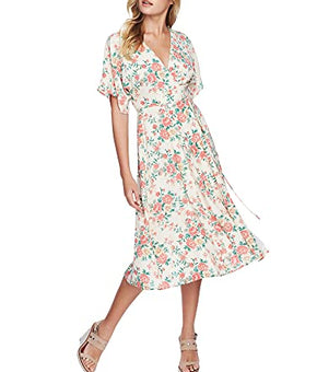 1.STATE Womens Ikat Bouquet Printed Wrap Dress, BRNOVERFLW, Size 2