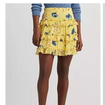 LAUREN RALPH LAUREN Ruffled Miniskirt Size 14 Yellow MSRP $145