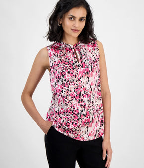 Kasper Women Printed Satin Keyhole Sleeveless Pink Blouse Petite Size PXL $59