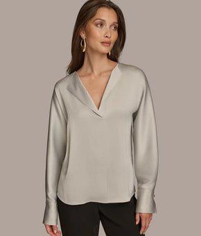 Donna Karan Women's Long Sleeve V-Neck Blouse Gray Silver Size M MSRP $89