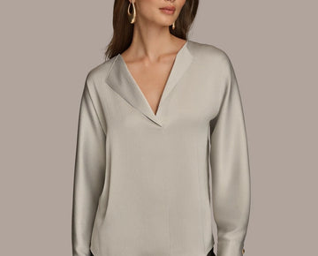 Donna Karan Women's Long Sleeve V-Neck Blouse Gray Silver Size M MSRP $89