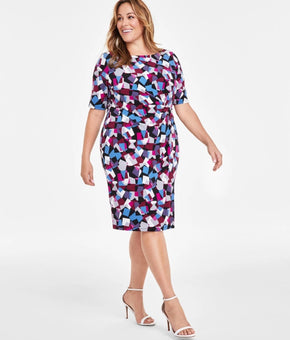 Kasper Plus Size 16W Printed Gathered Sheath Dress Blue Black MSRP $99