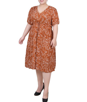 NY Collection Plus Size 1X Short Sleeve Puff Sleeve Dress Brown MSRP $60