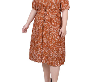 NY Collection Plus Size 1X Short Sleeve Puff Sleeve Dress Brown MSRP $60