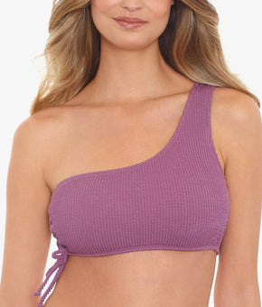 Salt + Cove Juniors' Sandy Ribbed One-Shoulder Bikini Top Mauve Dark Pink Size S