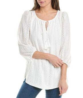 Jones New York womens Tie-Neck High-Low Tunic, Size L, White MSRP $80