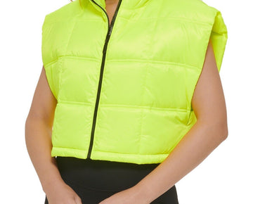 Calvin Klein Women's Cropped Mock-Neck Zip-up Vest Neon Green Size M MSRP $80