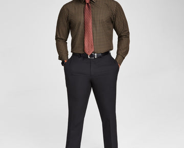 Tayion Collection Men Slim fit Long Sleeve Button-Up Shirt 15 32-33 Brown Check