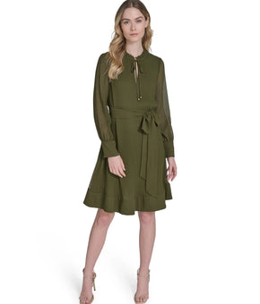 Eliza J Womens Pleated Chiffon Tie-Belt Dress polyester Olive Green Size 12 $148