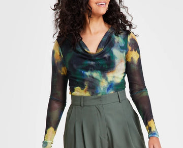 Bar III Petite Printed Long-Sleeve Cowlneck Mesh Top Size PXS Green