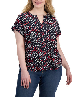 Tommy Hilfiger Ditsy Floral Cap-Sleeve Top BLACK RED Plus Size 1X MSRP $70