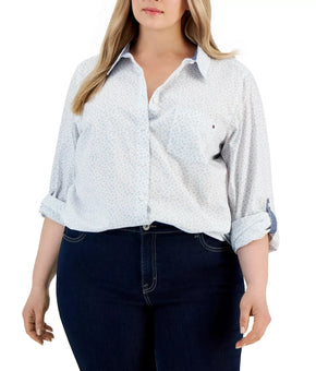 Tommy Hilfiger Plus Size Cotton Printed Roll-Tab Shirt White Blue Size 3X $80