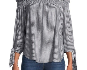 Michael Kors Striped Off-the-Shoulder Top Gray Size L MSRP $88