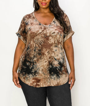 COIN 1804 Plus Size 2X Tie Dye V-neck Rolled Short Sleeve Top Brown Black